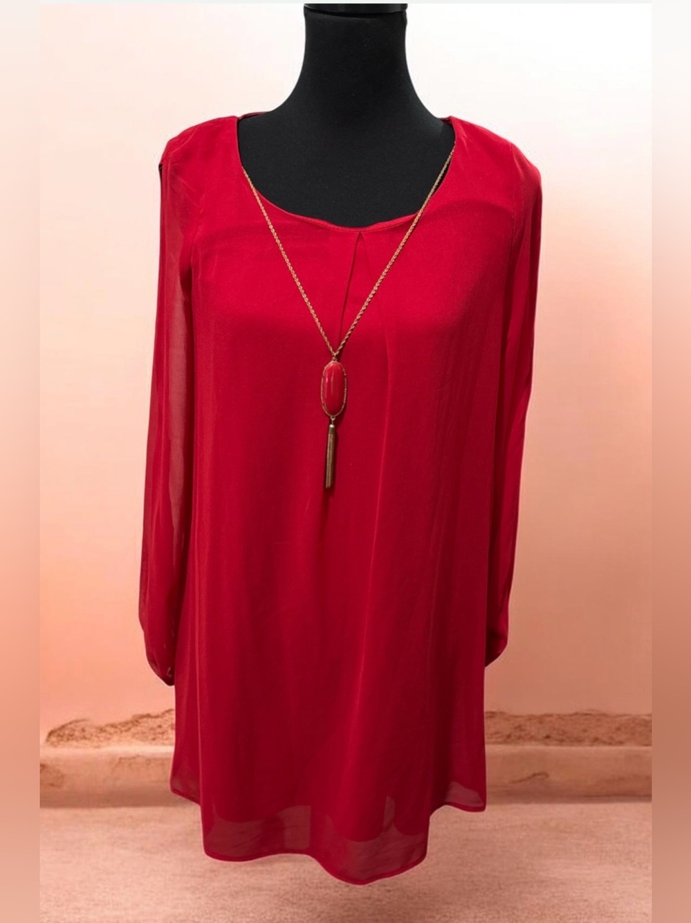 As U Wish Red Long Sleeve Chiffon Tunic Top